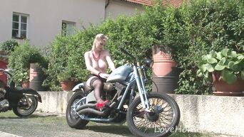 Public striptease from German blonde with big breast